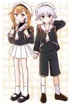  1boy 1girl :o anime_coloring ankle_socks antenna_hair asako_(puiu9k) ascot backpack bag beret black_pants black_shirt black_shoes border brown_bag brown_hair brown_shoes cardcaptor_sakura clenched_hand closed_mouth collarbone commentary_request confused eyelashes frown full_body grey_hair grid_background hair_ears hand_on_own_neck hat highres holding holding_bag inukai_komugi knees long_hair long_sleeves loose_hair_strand mary_janes miniskirt multicolored_hair open_mouth outside_border pants pink_eyes pleated_skirt pocket precure puffy_long_sleeves puffy_sleeves red_eyes sailor_collar sailor_shirt school_uniform serafuku shirt shoes short_hair skirt socks streaked_hair surprised tareme tomoeda_elementary_school_uniform toyama_daifuku toyama_daifuku_(civilian) twintails white_ascot white_background white_border white_hat white_sailor_collar white_skirt white_socks wonderful_precure! 