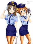  2girls absurdres artist_name blue_eyes blue_hat blue_necktie blue_shirt blue_skirt blush brown_hair brown_pantyhose china_moeka collared_shirt copyright_name copyright_notice cowboy_shot cuffs gloves gun hair_ornament hair_over_shoulder hairclip hand_up handcuffs hands_up hat high_school_fleet highres holding holding_gun holding_handcuffs holding_weapon li_yankang long_hair looking_at_viewer magazine_scan mc_axis medium_hair misaki_akeno multiple_girls necktie new_nambu_m60 official_art open_mouth pantyhose parted_bangs pencil_skirt police police_hat police_uniform policewoman purple_eyes revolver salute scan shirt short_sleeves sidelocks simple_background skirt smile standing straight-on teeth third-party_source twintails upper_teeth_only weapon white_background white_gloves 