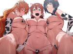  3girls :d animal_print aqua_eyes asaka_karin bikini black_hair blue_eyes blue_pubic_hair blush breasts closed_eyes closed_mouth colored_pubic_hair commentary cow_print cow_print_bikini cow_print_gloves elbow_gloves emma_verde english_commentary female_pubic_hair gloves highres konoe_kanata large_breasts long_hair looking_at_viewer love_live! love_live!_nijigasaki_high_school_idol_club medium_hair multiple_girls okpriko open_mouth orange_hair orange_pubic_hair print_bikini print_gloves pubic_hair red_hair red_pubic_hair simple_background smile swimsuit white_background white_bikini 