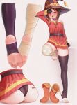  1girl absurdres artist_name ass ass_focus asymmetrical_legwear bandaged_leg bandages barcode barcode_tattoo barefoot belt black_panties black_thighhighs blush boots brown_boots brown_hair button_eyes buttons commentary dress english_commentary feet fingerless_gloves foot_focus gloves hat highres kono_subarashii_sekai_ni_shukufuku_wo! looking_at_viewer megumin mismatched_legwear multiple_views off-shoulder_dress off_shoulder panties partially_visible_vulva pietrosatou red_dress red_eyes red_prison_magic_school_uniform school_uniform short_hair_with_long_locks single_thighhigh skindentation sweat tattoo thighhighs underwear witch_hat 