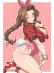  1girl aerith_gainsborough animal_ears bow braid braided_ponytail breasts brown_hair cleavage commentary final_fantasy final_fantasy_vii final_fantasy_vii_remake finger_to_mouth green_eyes hair_bow hand_up high_heels highres index_finger_raised jacket jewelry leotard long_hair looking_at_viewer one_eye_closed parted_bangs playboy_bunny pointing sidelocks smile solo strapless strapless_leotard vizaz 