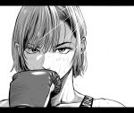  1girl boxing_gloves collarbone commentary_request eyebrows_hidden_by_hair flying_sweatdrops greyscale hatching_(texture) highres lee_(dragon_garou) letterboxed light_rays monochrome original portrait short_hair solo straight-on sweat 