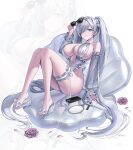  1girl absurdres adjusting_eyewear bare_shoulders blue_eyes blush breasts casual cellphone cellphone_charm charm_(object) cinderella_(nikke) cleavage commentary_request detached_sleeves frilled_thigh_strap goddess_of_victory:_nikke grey_one-piece_swimsuit hair_over_one_eye hand_mirror highres holding holding_removed_eyewear idasu_(hyun9164) large_breasts long_hair looking_at_viewer mirror one-piece_swimsuit phone sandals smartphone solo sunglasses swimsuit thigh_strap twintails unworn_eyewear very_long_hair white_hair zoom_layer 