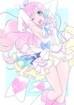  1girl absurdres ascot birthday bow braid brooch commentary_request cowboy_shot cure_prism curecenturion dress earrings elbow_gloves gloves gradient_background green_eyes hair_bow hair_ornament happy_birthday highres hirogaru_sky!_precure jewelry one_eye_closed panties precure underwear white_panties 