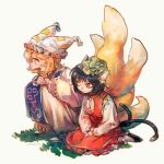  2girls animal_ear_piercing animal_ears black_hair blonde_hair cat_ears cat_girl cat_tail chen commentary_request fox_tail grass green_hat hat hat_with_ears kitsune korean_commentary malloniumer multiple_girls multiple_tails open_mouth red_skirt red_vest short_hair sitting skirt smile socks squatting tabard tail touhou vest wariza white_background wide_sleeves yakumo_ran yellow_eyes 