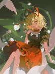  1girl black_shirt blonde_hair blue_eyes bow bubble_skirt colored_eyelashes commentary_request flower frilled_shirt_collar frills highres hutaodehetao legs lily_of_the_valley medicine_melancholy open_mouth puffy_short_sleeves puffy_sleeves red_bow red_ribbon red_skirt ribbon shirt short_hair short_sleeves sitting skirt solo touhou 