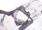  1girl black_bra black_panties black_shirt blue_eyes bra breasts breasts_out cleavage clothes_lift fangs glasses grey_bra grey_panties hair_over_one_eye hair_tie highres large_breasts lifting_own_clothes long_bangs long_hair long_sleeves looking_at_viewer low_twintails multicolored_bra multicolored_panties navel_piercing one_eye_covered open_mouth original pale_skin panties piercing rectangular_eyewear semi-rimless_eyewear shirt shirt_lift solo suiiryu turtleneck turtleneck_shirt twintails under-rim_eyewear underwear white_background white_hair 
