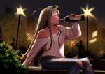  1girl ahoge alcohol blurry blurry_background blush bottle closed_eyes collarbone commentary denim drinking drunk english_commentary eudetenis grey_hair highres holding holding_bottle jeans lamppost long_hair long_sleeves night off_shoulder original outdoors pants shirt sitting solo tan tanlines torn_clothes torn_jeans torn_pants very_long_hair white_shirt 