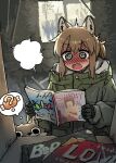  1girl @_@ absurdres animal_ears black_gloves blank_speech_bubble blush boned_meat brown_hair coat fang food fox fox_ears fox_girl fox_girl_(yihan_world) full-face_blush gloves green_coat green_jacket highres holding hungry jacket meat open_mouth original ponytail pornography reading solo speech_bubble spoken_food thought_bubble yihan_world 