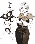  1girl badge belt black_gloves blush breasts calligraphy collarbone collared_shirt commentary cowboy_shot crossed_arms cybil_bennett english_commentary gloves greyscale heidi_(heytherenrds) highres leather leather_pants light_blush looking_at_viewer monochrome muted_colors pants police police_badge police_uniform policewoman shirt short_hair short_sleeves silent_hill_(series) silent_hill_1 smile solo white_background wide_hips 