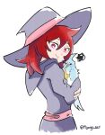  1girl animal bird bright_pupils closed_mouth commentary dress english_commentary eyelashes hair_between_eyes hat holding holding_animal holding_bird hood hood_down hooded_dress little_witch_academia mangodevourer medium_hair purple_dress purple_hat red_eyes red_hair shiny_chariot simple_background smile solo squatting twitter_username white_background white_pupils witch witch_hat 