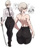  1girl absurdres ass back black_necktie black_pants brain breasts business_suit chainsaw_man cigarette commentary dangling_eye exposed_brain eyepatch futakuchi-onna grey_hair highres holding holding_sword holding_weapon katana multiple_girls muscular muscular_female necktie pants ponytail quanxi's_group_(chainsaw_man) quanxi_(chainsaw_man) shirt shirt_tucked_in smoking solo stitched_mouth stitches suit sword tight_clothes tight_pants topless_female weapon white_background white_hair white_shirt wott 