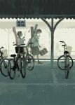  3girls :d absurdres bag bag_charm bicycle black_hair black_skirt black_socks blue_bag blue_neckerchief blue_skirt branch brown_shoes charm_(object) clenched_hand closed_mouth commentary_request from_side glasses guitar_case hand_to_own_mouth highres holding holding_bag holding_branch holding_strap instrument_case instrument_case_on_back laughing loafers looking_at_another looking_back medium_skirt multiple_girls neckerchief open_mouth original outdoors profile rakoshirako sailor_collar school_bag school_uniform serafuku shirt shoes short_hair short_sleeves sideways_glance skirt slice_of_life smile socks stick walking white_sailor_collar white_shirt wide_shot 