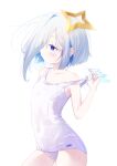  1girl amane_kanata armpit_crease ass_visible_through_thighs asymmetrical_sidelocks bare_arms bare_shoulders blue_eyes blue_hair blue_nails blush breasts capuchi_(111cappuccino) clothes_pull collarbone commentary_request contrapposto covered_navel cowboy_shot feathered_wings grey_hair hair_bun hair_over_one_eye halo hand_up highres hololive looking_afar mini_wings multicolored_hair nail_polish old_school_swimsuit one-piece_swimsuit one-piece_swimsuit_pull parted_bangs school_swimsuit short_hair_with_long_locks sidelocks simple_background single_hair_bun small_breasts solo star_halo strap_pull streaked_hair swimsuit virtual_youtuber white_background white_one-piece_swimsuit white_wings wings yellow_halo 