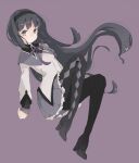  1girl akemi_homura akemi_homura_(magical_girl) bad_id bad_pixiv_id black_hair black_pantyhose black_shoes bow bowtie capelet frilled_skirt frills full_body grey_skirt hairband high_heels layered_sleeves long_hair looking_at_viewer magical_girl mahou_shoujo_madoka_magica mahou_shoujo_madoka_magica_(anime) pantyhose purple_background shoes skirt solo trr 