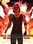  1boy apex_legends armband aviator_sunglasses black_armband black_gloves black_hair black_pants black_tank_top blurry blurry_background collarbone cosplay cyberpunk_(series) cyberpunk_2077 english_commentary english_text explosion facial_hair fake_poster fuse_(apex_legends) gloves grey_hair jewelry johnny_silverhand johnny_silverhand_(cosplay) joong_beak male_focus mechanical_arms medium_hair movie_poster_(medium) multicolored_hair mustache necklace pants shirt_tucked_in single_mechanical_arm smirk solo soul_patch streaked_hair sunglasses tank_top 