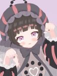  1girl absurdres black_bow black_bowtie blush bow bowtie commentary_request dress frilled_dress frilled_hat frilled_sleeves frills grey_background hat highres looking_at_viewer magical_girl mahou_shoujo_ikusei_keikaku mahou_shoujo_ikusei_keikaku_double_shadow multicolored_hair open_mouth paw_pose puffy_sleeves purple_eyes short_hair teepa zipstep 