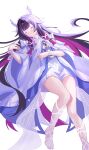  1girl absurdres bare_legs barefoot black_hair chage_(chage_00) closed_eyes columbina_(genshin_impact) commentary_request dress eye_mask feet genshin_impact hair_ornament head_wings highres long_hair mask multicolored_hair pink_hair solo toes two-tone_hair very_long_hair white_dress white_mask wings 