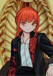  1girl braid business_suit chainsaw_man choppy_bangs coat collared_shirt dress_shirt guro io_(onisarashi) light_smile makima_(chainsaw_man) raw_meat red_hair ribs ringed_eyes roman_numeral shirt sidelocks single_braid solo suit swept_bangs trench_coat white_shirt yellow_eyes 
