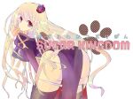  1girl ass black_thighhighs blonde_hair breasts commentary_request cover cover_page cowboy_shot crown doujin_cover dress garter_straps hanimitsu juliet_sleeves large_breasts long_hair long_sleeves looking_at_viewer looking_back mini_crown panties panty_pull paw_print priest_(ragnarok_online) puffy_sleeves purple_crown purple_dress ragnarok_online side_slit solo thighhighs underwear very_long_hair wavy_hair white_panties 