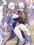  1boy 1girl absurdres aurelia_academy_school_uniform blue_dress breasts carrying cleavage cover cover_page dress feathered_wings grey_hair grey_shirt highres large_breasts long_hair looking_at_viewer official_alternate_costume panties pants parted_lips princess_carry purple_eyes school_uniform shirt short_hair thighhighs thighs tony_maverick underwear velina_airgid white_thighhighs white_wings wings wise_(oath_of_skies)_(zenless_zone_zero) wise_(zenless_zone_zero) zenless_zone_zero 