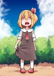  1girl @_@ adapted_costume blonde_hair blue_sky blush bow brown_dress bush cloud collared_shirt commentary_request day dress full_body hair_bow highres hot long_sleeves looking_at_viewer mary_janes medium_hair necktie one_side_up open_mouth outdoors pinafore_dress red_bow red_necktie red_shoes roco_(katsuya1011) rumia shirt shoes sky sleeveless sleeveless_dress socks solo sweat textless_version touhou white_shirt white_socks 
