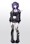  1girl absurdres aegyo_sal arms_at_sides artist_name asymmetrical_legwear belt black_belt black_boots black_collar black_corset black_eyes black_hoodie black_thighhighs blunt_bangs boots breasts chain chain_necklace chest_tattoo closed_mouth collar collarbone commentary commission corset eyelashes full_body gradient_background grey_background highres hood hoodie hoodie_pull jewelry leg_tattoo lips long_hair long_sleeves looking_at_viewer midriff navel necklace open_clothes open_hoodie original oysi_mysi purple_hair sidelocks signature single_bare_shoulder skindentation small_breasts solo spiked_collar spikes standing tattoo thighhighs thighs torn_clothes torn_thighhighs twintails white_background 