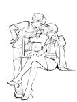  1boy 1girl alternate_costume arm_at_side arm_support bespectacled blunt_ends bow bowtie collared_shirt commentary_request crossed_legs full_body genshin_impact glasses greyscale hair_intakes hand_on_own_hip hand_up harness high_heels highres holding holding_syringe jacket knee_up korean_commentary lapels leg_belt long_sleeves looking_at_another looking_at_viewer lumine_(genshin_impact) lumine_(marechaussee_hunter)_(genshin_impact) monochrome official_alternate_costume open_clothes open_jacket open_mouth pants pencil_skirt pyong_deog rectangular_eyewear scaramouche_(genshin_impact) shirt shoes short_hair short_hair_with_long_locks sidelocks sitting sketch skirt syringe turtleneck turtleneck_shirt wispy_bangs 