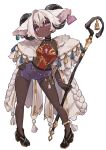  1girl animal_earrings animal_ears bell black_choker blush choker cloak commentary_request contrapposto covered_navel dark-skinned_female dark_skin ear_tag full_body fur-trimmed_cloak fur_trim goat_ears goat_horns hand_on_own_hip high_heels highres holding holding_staff horns looking_at_viewer nya_boom original purple_eyes shepherd's_crook short_shorts shorts simple_background smile solo staff tassel white_background 