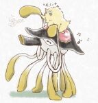  animal_on_head bird bird_on_head blush character_request closed_eyes commentary_request copyright_request from_side musical_note on_head open_mouth pokemon pokemon_(creature) riding riding_pokemon signature simple_background tentacles toedscruel white_background yutapiandaba 