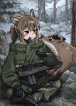  1girl :t absurdres animal animal_ears battle_rifle black_gloves brown_eyes brown_hair camouflage camouflage_pants drawstring food forest fox fox_ears fox_girl fox_girl_(yihan_world) fox_tail gloves green_jacket gun highres jacket jerky m14 m21 mouth_hold nature original outdoors pants ponytail rifle scope sitting sniper_rifle snow solo tail tongue tree weapon winter yihan_world 