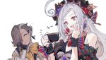  1boy 1girl ahoge ascalaphus_(fate) black_gloves brown_eyes brown_hair commentary_request cup earrings fate/grand_order fate_(series) frilled_wrist_cuffs frills gloves grey_hair hair_over_one_eye highres holding holding_cup jewelry long_hair mero_(merope_hika) persephone_(fate) teacup white_background wrist_cuffs 
