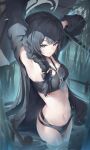 1girl absurdres arm_behind_head arm_up armpits bikini black_bikini black_hair black_jacket blue_archive braid breasts butterfly_hair_ornament commentary eyewear_hang grey_eyes grey_halo hair_ornament hair_over_shoulder halo highres jacket kisaki_(blue_archive) kisaki_(swimsuit)_(blue_archive) long_hair looking_at_viewer medium_breasts navel norimori official_alternate_costume official_alternate_hairstyle open_clothes open_jacket parted_lips single_braid smile solo stomach sunglasses swimsuit unworn_eyewear very_long_hair wet 