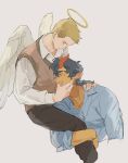  2boys all_saints_street angel_wings black_pants blue_shirt brown_hair brown_vest closed_eyes halo highres horns long_sleeves lynn_angel male_focus multiple_boys nick_holt pants red_horns shirt short_hair simple_background tensoba20230223 traditional_halo vest wings yaoi 