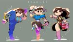  3girls :< alternate_costume blue_bodysuit bodysuit boots bracelet breasts brown_hair character_name china_dress chinese_clothes chun-li chun-li_(battle_outfit) cleavage commentary double_bun dress fighting_stance grey_background hair_bun highres jewelry leg_up long_hair multiple_girls multiple_persona official_alternate_costume pantyhose pelvic_curtain rariatto_(ganguri) shoes sneakers spiked_bracelet spikes standing standing_on_one_leg street_fighter street_fighter_ii_(series) street_fighter_v street_fighter_zero_(series) studded_bracelet studs 