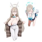  2girls akane_(blue_archive) akane_(bunny)_(blue_archive) animal_ears asuna_(blue_archive) asuna_(school_uniform)_(blue_archive) bent_over blue_archive blue_bow blue_bowtie blue_halo blue_ribbon blue_scrunchie bow bowtie breasts brown_eyes brown_halo brown_shawl cleavage closed_eyes detached_collar fake_animal_ears glasses grin hair_between_eyes hair_ribbon halo hands_on_own_hips highleg highleg_leotard huge_breasts large_breasts leotard long_hair looking_at_viewer mole mole_on_breast multiple_girls niunaigaoban pantyhose playboy_bunny pleated_skirt rabbit_ears ribbon scrunchie shawl shirt simple_background skirt sleeves_rolled_up smile very_long_hair white_background white_leotard white_pantyhose white_shirt wrist_scrunchie 