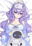  1girl absurdres breasts cleavage collarbone commentary hair_between_eyes highres hololive hololive_indonesia kaiyen long_hair lying mask mask_on_head moona_hoshinova moona_hoshinova_(pajamas) moonabito_(moona_hoshinova) on_back pajamas purple_hair sleep_mask star_(symbol) virtual_youtuber 