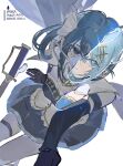  1girl air_bubble arm_strap armor bandaged_head bandages blue_armor blue_eyes blue_gloves blue_hair blue_skirt breastplate breasts bubble cape closed_mouth commentary_request covered_mouth cowboy_shot detached_sleeves fortissimo frills from_above gloves gold_trim hair_ornament hair_ribbon highres light_blush long_sleeves looking_at_viewer magical_girl mahou_shoujo_madoka_magica mahou_shoujo_madoka_magica:_walpurgis_no_kaiten medium_breasts miki_sayaka miki_sayaka_(magical_girl) musical_note musical_note_hair_ornament ouge_dz pleated_skirt ribbon shirt sitting skirt solo split_theme strapless strapless_shirt sword thick_eyelashes thighhighs weapon white_background white_cape white_ribbon white_shirt white_thighhighs 