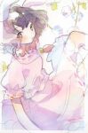  1girl animal_ears black_hair blush bright_pupils carrot_necklace flower highres inaba_tewi jewelry looking_at_viewer necklace pink_shirt pink_skirt rabbit_ears rabbit_girl red_eyes ryokotyu shirt short_hair short_sleeves simple_background skirt solo touhou white_background white_flower white_pupils 