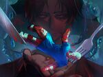  2boys absurdres amputee bandaged_head bandaged_leg bandages blood blood_on_knife blue_eyes blue_robe brown_hair commentary curly_(mouthwashing) curly_(post-crash)_(mouthwashing) eyeball facial_hair fork highres jimmy_(mouthwashing) knife liko looking_at_viewer male_focus medium_hair mini_person mouthwashing multiple_boys robe sign stubble wire 