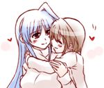  2girls ahoge blue_hair brown_hair couple eyes_closed happy heart hug hug_from_behind kohakura long_hair lyrical_nanoha mahou_shoujo_lyrical_nanoha mahou_shoujo_lyrical_nanoha_a&#039;s mahou_shoujo_lyrical_nanoha_a's multiple_girls red_eyes reinforce short_hair smile very_long_hair yagami_hayate yuri 