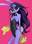 1girl absurdres black_bow black_bowtie black_eyes black_hair bow bowtie colored_sclera deformed detached_collar flat_chest furry furry_female gloves highres jax_(female)_(the_amazing_digital_circus) jax_(the_amazing_digital_circus) leotard long_hair looking_to_the_side middle_finger mons_pubis multicolored_eyes no_mouth oversized_breast_cup pink_background playboy_bunny purple_fur rabbit_girl rabbit_tail solo strapless strapless_leotard tail the_amazing_digital_circus tomatomagica two-tone_eyes yellow_gloves yellow_sclera 
