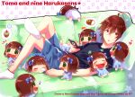  1boy 6+girls ahoge amagase_touma ankle_socks ayuko_(ayuco) black_shirt blue_shorts brown_hair cellphone chibi commentary_request couch green_eyes haruka-san holding holding_phone idolmaster idolmaster_(classic) idolmaster_side-m lying multiple_girls no_shoes on_back on_couch phone puchimasu! red_eyes shirt short_hair shorts smartphone socks white_socks 