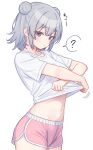  1girl ? cevio clothes_lift commentary_request cowboy_shot crew_neck dolphin_shorts double-parted_bangs double_bun from_side grey_hair hair_bun highres koharu_rikka lifting_own_clothes looking_at_viewer looking_to_the_side midriff motion_lines navel pink_shorts purple_eyes shiro_noe shirt shirt_lift short_hair short_shorts short_sleeves shorts simple_background solo speech_bubble spoken_question_mark standing synthesizer_v t-shirt translation_request undressing voiceroid white_background white_shirt 
