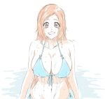  1girl :d bikini bleach blue_bikini blush breasts brown_eyes check_commentary cleavage collarbone commentary_request front-tie_bikini_top front-tie_top halterneck highres inoue_orihime large_breasts long_hair looking_at_viewer mitsugu navel open_mouth orange_hair side-tie_bikini_bottom sketch smile solo swimsuit upper_body water wet wet_hair white_background 