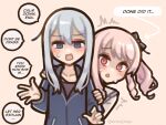  1girl 1other akiyama_mizuki blue_eyes bow commentary english_commentary english_text facing_viewer grey_hair hair_between_eyes hiding hiding_behind_another highres long_hair long_sleeves looking_at_viewer open_mouth pink_eyes pink_hair project_sekai scared shimejimee side_ponytail sidelocks simple_background speech_bubble twitter_username yoisaki_kanade 