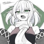  1girl blush breasts commentary_request green_theme half_updo looking_at_viewer medium_breasts mizuhashi_parsee monochrome open_mouth pointy_ears scarf shirt short_hair sleeveless sleeveless_shirt solo suirium0723 sweat touhou two-tone_background upper_body 