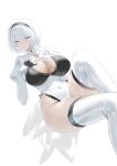  1girl 2b_(brief_respite)_(azur_lane) 2b_(nier:automata) absurdres annlee azur_lane black_choker black_gloves black_hairband breasts choker commentary covered_navel english_commentary gloves hairband highres knee_up lace_trim large_breasts leotard looking_at_viewer medium_hair mole mole_under_mouth nier:automata nier_(series) pink_lips shrug_(clothing) simple_background solo thighhighs thighs white_background white_eyes white_hair white_leotard white_shrug white_thighhighs 