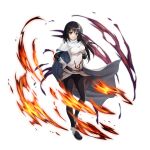  1girl aqua_trim artist_request belt black_hair black_pants black_shirt black_shoes breasts brown_eyes cloak closed_mouth elbow_gloves fire game_asset gloves grand_summoners hair_between_eyes hand_on_own_chest hand_on_own_hip impossible_clothes impossible_shirt izawa_shizue knee_up large_breasts long_hair long_sleeves looking_at_viewer messy_hair miniskirt multicolored_shoes official_art pants purple_belt shirt shoes short_sleeves simple_background skirt smile solo standing tensei_shitara_slime_datta_ken transparent_background two-tone_shoes white_cloak white_gloves white_shirt white_shoes white_skirt 
