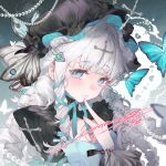  1girl black_dress black_hat blue_background blue_bow blue_butterfly blue_eyes bow bug butterfly closed_mouth commission dress drill_hair hair_bow hand_up hat highres long_hair looking_at_viewer mihuashi_commission mob_cap original portrait si_ji_huagaole_ma solo white_hair 